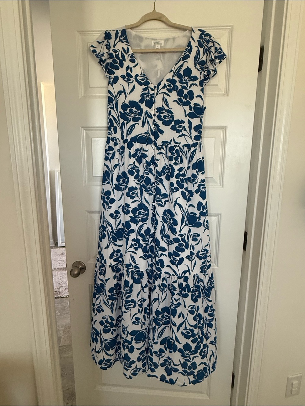 Market & Spruce White Maxi Dress with Blue Floral Print